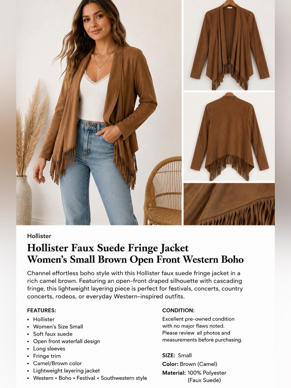 Hollister Camel Brown Faux Suede Fringe Open-Front Cardigan